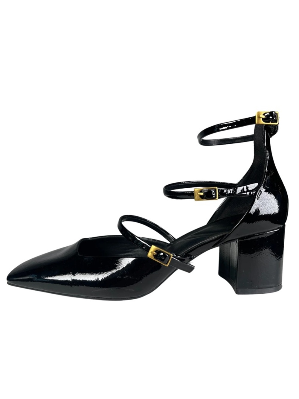 Zara Black Patent Multi-Strap Block Heel Pumps with Gold Buckles NWT